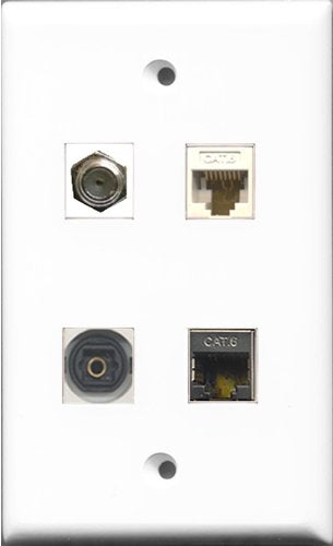 RiteAV 1 Port Coax Cable TV- F-Type and 1 Port Shielded Cat6 Ethernet and 1 Port Toslink and 1 Port Cat6 Ethernet White Wall Plate