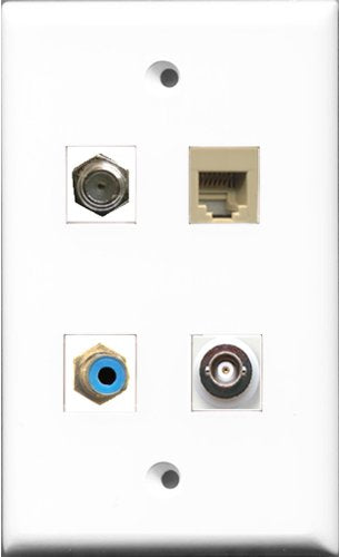 RiteAV 1 Port RCA Blue and 1 Port Coax Cable TV- F-Type and 1 Port Phone RJ11 RJ12 Beige and 1 Port BNC Wall Plate