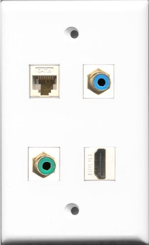 RiteAV 1 Port HDMI and 1 Port RCA Green and 1 Port RCA Blue and 1 Port Cat6 Ethernet White Wall Plate