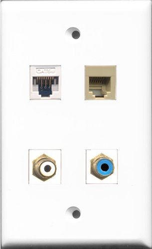RiteAV 1 Port RCA White and 1 Port RCA Blue and 1 Port Phone RJ11 RJ12 Beige and 1 Port Cat5e Ethernet White Wall Plate
