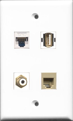 RiteAV 1 Port RCA White and 1 Port USB A-A and 1 Port Phone RJ11 RJ12 Beige and 1 Port Cat5e Ethernet White Wall Plate