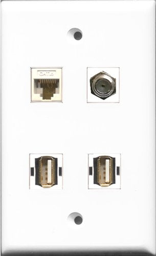 RiteAV 1 Port Coax Cable TV- F-Type 2 Port USB A-A and 1 Port Cat6 Ethernet White Wall Plate