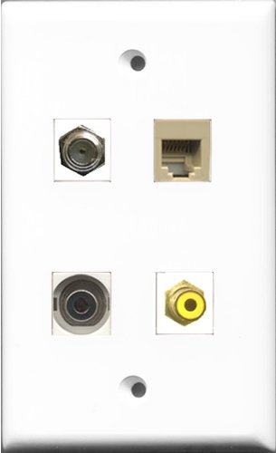 RiteAV 1 Port RCA Yellow and 1 Port Coax Cable TV- F-Type and 1 Port Phone RJ11 RJ12 Beige and 1 Port 3.5mm Wall Plate