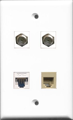 RiteAV - 2 Port Coax Cable TV- F-Type and 1 Port Phone RJ11 RJ12 Beige and 1 Port Cat5e Ethernet White Wall Plate