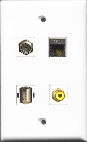 RiteAV 1 Port RCA Yellow and 1 Port Coax Cable TV- F-Type and 1 Port USB A-A and 1 Port Shielded Cat6 Ethernet Wall Plate