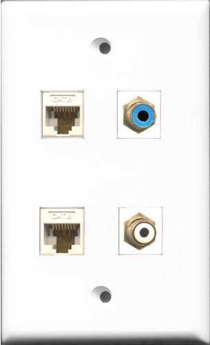 RiteAV 1 Port RCA White and 1 Port RCA Blue 2 Port Cat6 Ethernet White Wall Plate