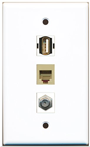 RiteAV - 1 Port Coax Cable TV- F-Type and 1 Port USB A-A and 1 Port Phone RJ11 RJ12 Beige Wall Plate
