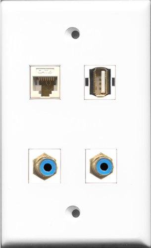 RiteAV - 2 Port RCA Blue and 1 Port USB A-A and 1 Port Cat6 Ethernet White Wall Plate