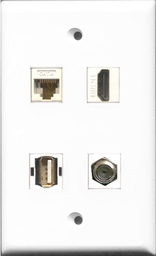 RiteAV 1 Port HDMI and 1 Port Coax Cable TV- F-Type and 1 Port USB A-A and 1 Port Cat6 Ethernet White Wall Plate