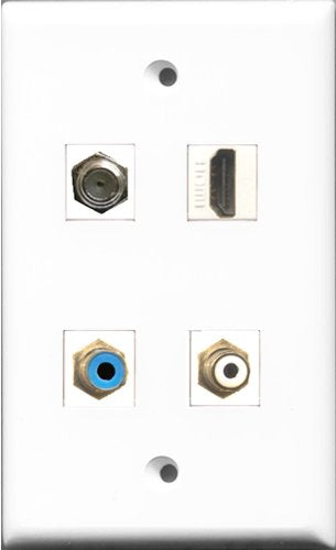RiteAV 1 Port HDMI and 1 Port RCA White and 1 Port RCA Blue and 1 Port Coax Cable TV- F-Type Wall Plate
