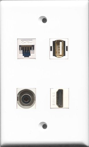 RiteAV 1 Port HDMI and 1 Port USB A-A and 1 Port 3.5mm and 1 Port Cat5e Ethernet White Wall Plate
