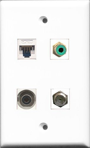 RiteAV 1 Port RCA Green and 1 Port Coax Cable TV- F-Type and 1 Port 3.5mm and 1 Port Cat5e Ethernet White Wall Plate