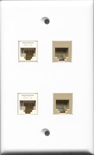 RiteAV - 2 Port Phone RJ11 RJ12 Beige 2 Port Cat6 Ethernet White Wall Plate