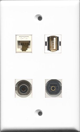 RiteAV 1 Port USB A-A and 1 Port Toslink and 1 Port 3.5mm and 1 Port Cat6 Ethernet White Wall Plate
