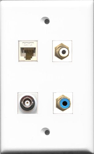 RiteAV 1 Port RCA White and 1 Port RCA Blue and 1 Port BNC and 1 Port Cat6 Ethernet White Wall Plate