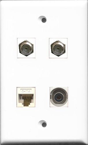 RiteAV - 2 Port Coax Cable TV- F-Type and 1 Port 3.5mm and 1 Port Cat6 Ethernet White Wall Plate