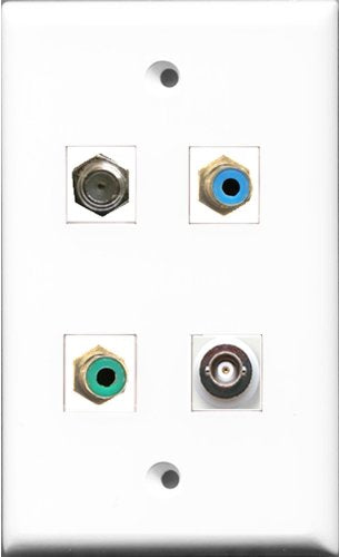 RiteAV 1 Port RCA Green and 1 Port RCA Blue and 1 Port Coax Cable TV- F-Type and 1 Port BNC Wall Plate