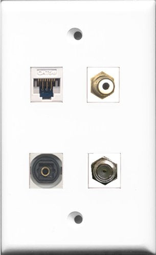 RiteAV 1 Port RCA White and 1 Port Coax Cable TV- F-Type and 1 Port Toslink and 1 Port Cat5e Ethernet White Wall Plate