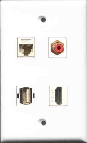 RiteAV 1 Port HDMI and 1 Port RCA Red and 1 Port USB A-A and 1 Port Cat6 Ethernet White Wall Plate