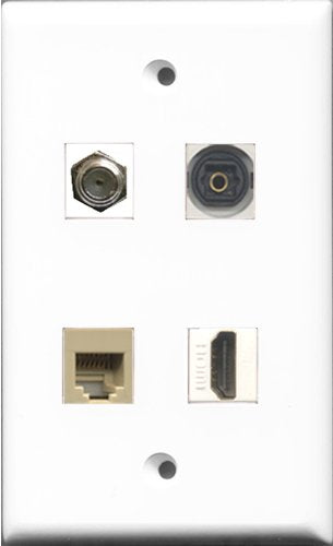 RiteAV 1 Port HDMI and 1 Port Coax Cable TV- F-Type and 1 Port Phone RJ11 RJ12 Beige and 1 Port Toslink Wall Plate