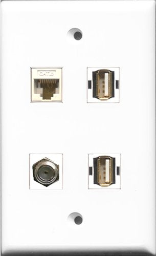 RiteAV 1 Port Coax Cable TV- F-Type 2 Port USB A-A and 1 Port Cat6 Ethernet White Wall Plate