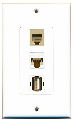 RiteAV - 1 Port USB A-A and 1 Port Phone RJ11 RJ12 Beige and 1 Port Cat6 Ethernet White Decorative Wall Plate Decorative