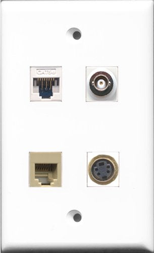 RiteAV - 1 Port Phone RJ11 RJ12 Beige and 1 Port S-Video and 1 Port BNC and 1 Port Cat5e Ethernet White Wall Plate