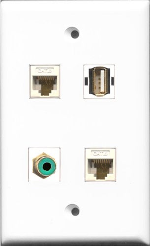 RiteAV 1 Port RCA Green and 1 Port USB A-A 2 Port Cat6 Ethernet White Wall Plate