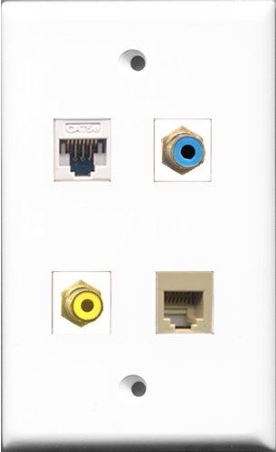 RiteAV 1 Port RCA Yellow and 1 Port RCA Blue and 1 Port Phone RJ11 RJ12 Beige and 1 Port Cat5e Ethernet White Wall Plate