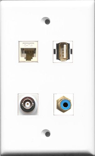 RiteAV 1 Port RCA Blue and 1 Port USB A-A and 1 Port BNC and 1 Port Cat6 Ethernet White Wall Plate