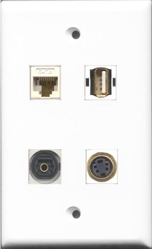 RiteAV 1 Port USB A-A and 1 Port S-Video and 1 Port Toslink and 1 Port Cat6 Ethernet White Wall Plate