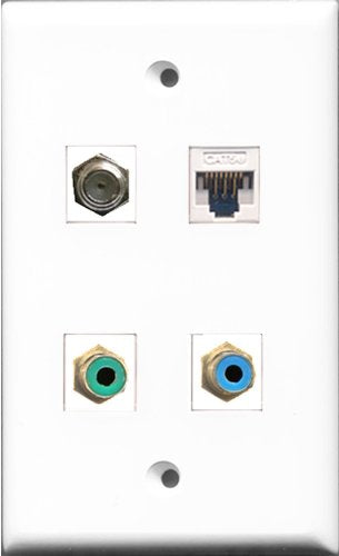 RiteAV 1 Port RCA Green and 1 Port RCA Blue and 1 Port Coax Cable TV- F-Type and 1 Port Cat5e Ethernet White Wall Plate