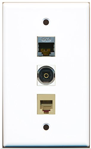 RiteAV - 1 Port Phone RJ11 RJ12 Beige and 1 Port Shielded Cat6 Ethernet and 1 Port Toslink Wall Plate