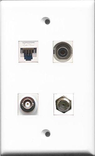 RiteAV - 1 Port Coax Cable TV- F-Type and 1 Port 3.5mm and 1 Port BNC and 1 Port Cat5e Ethernet White Wall Plate