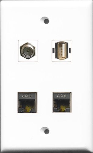 RiteAV 1 Port Coax Cable TV- F-Type and 1 Port USB A-A 2 Port Shielded Cat6 Ethernet Wall Plate