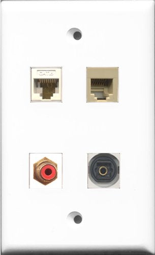 RiteAV 1 Port RCA Red and 1 Port Phone RJ11 RJ12 Beige and 1 Port Toslink and 1 Port Cat6 Ethernet White Wall Plate
