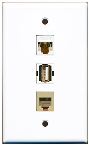 RiteAV - 1 Port USB A-A and 1 Port Phone RJ11 RJ12 Beige and 1 Port Cat6 Ethernet White Wall Plate