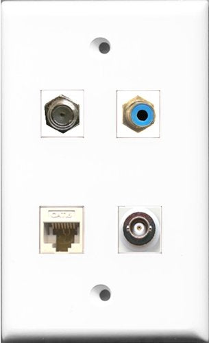 RiteAV 1 Port RCA Blue and 1 Port Coax Cable TV- F-Type and 1 Port BNC and 1 Port Cat6 Ethernet White Wall Plate