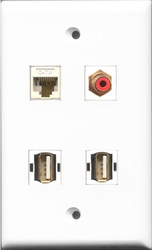 RiteAV 1 Port RCA Red 2 Port USB A-A and 1 Port Cat6 Ethernet White Wall Plate