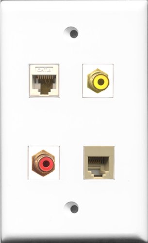 RiteAV 1 Port RCA Red and 1 Port RCA Yellow and 1 Port Phone RJ11 RJ12 Beige and 1 Port Cat6 Ethernet White Wall Plate