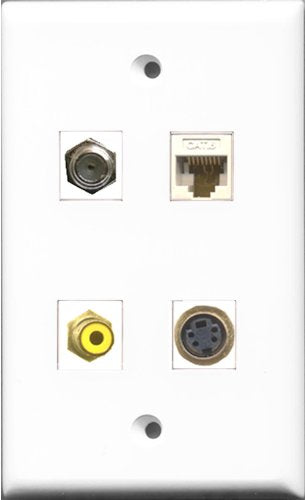 RiteAV 1 Port RCA Yellow and 1 Port Coax Cable TV- F-Type and 1 Port S-Video and 1 Port Cat6 Ethernet White Wall Plate