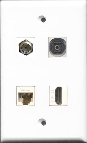 RiteAV 1 Port HDMI and 1 Port Coax Cable TV- F-Type and 1 Port Toslink and 1 Port Cat6 Ethernet White Wall Plate