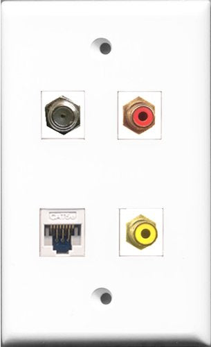 RiteAV 1 Port RCA Red and 1 Port RCA Yellow and 1 Port Coax Cable TV- F-Type and 1 Port Cat5e Ethernet White Wall Plate