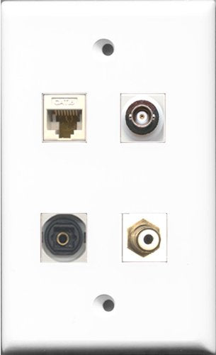 RiteAV 1 Port RCA White and 1 Port Toslink and 1 Port BNC and 1 Port Cat6 Ethernet White Wall Plate