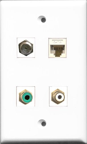 RiteAV 1 Port RCA White and 1 Port RCA Green and 1 Port Coax Cable TV- F-Type and 1 Port Cat6 Ethernet White Wall Plate