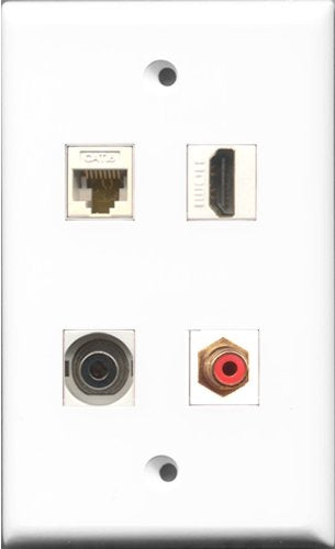 RiteAV 1 Port HDMI and 1 Port RCA Red and 1 Port 3.5mm and 1 Port Cat6 Ethernet White Wall Plate