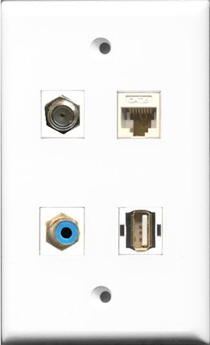 RiteAV 1 Port RCA Blue and 1 Port Coax Cable TV- F-Type and 1 Port USB A-A and 1 Port Cat6 Ethernet White Wall Plate