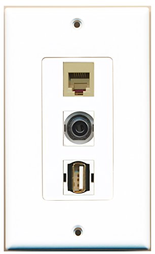 RiteAV - 1 Port USB A-A and 1 Port Phone RJ11 RJ12 Beige and 1 Port 3.5mm Decorative Wall Plate Decorative