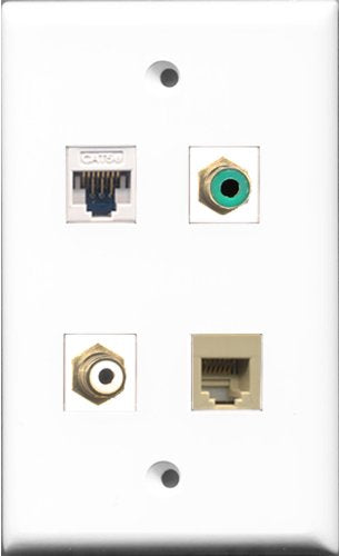 RiteAV 1 Port RCA White and 1 Port RCA Green and 1 Port Phone RJ11 RJ12 Beige and 1 Port Cat5e Ethernet White Wall Plate