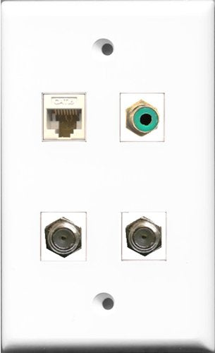 RiteAV 1 Port RCA Green 2 Port Coax Cable TV- F-Type and 1 Port Cat6 Ethernet White Wall Plate
